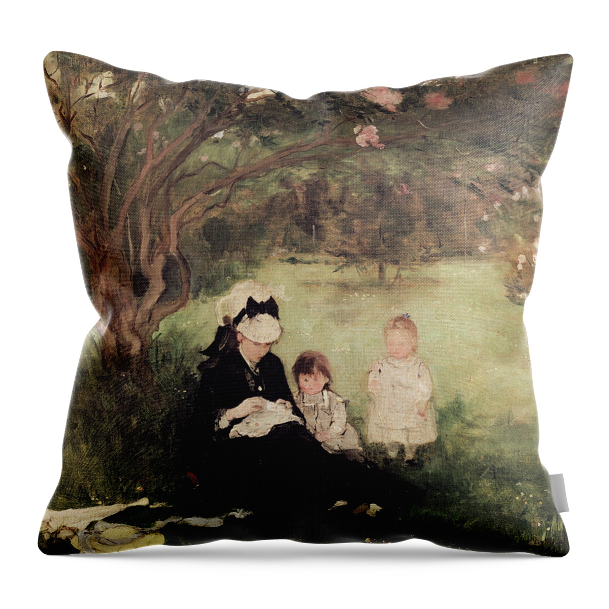 Beneath Throw Pillow featuring the painting Beneath the Lilac at Maurecourt by Berthe Morisot