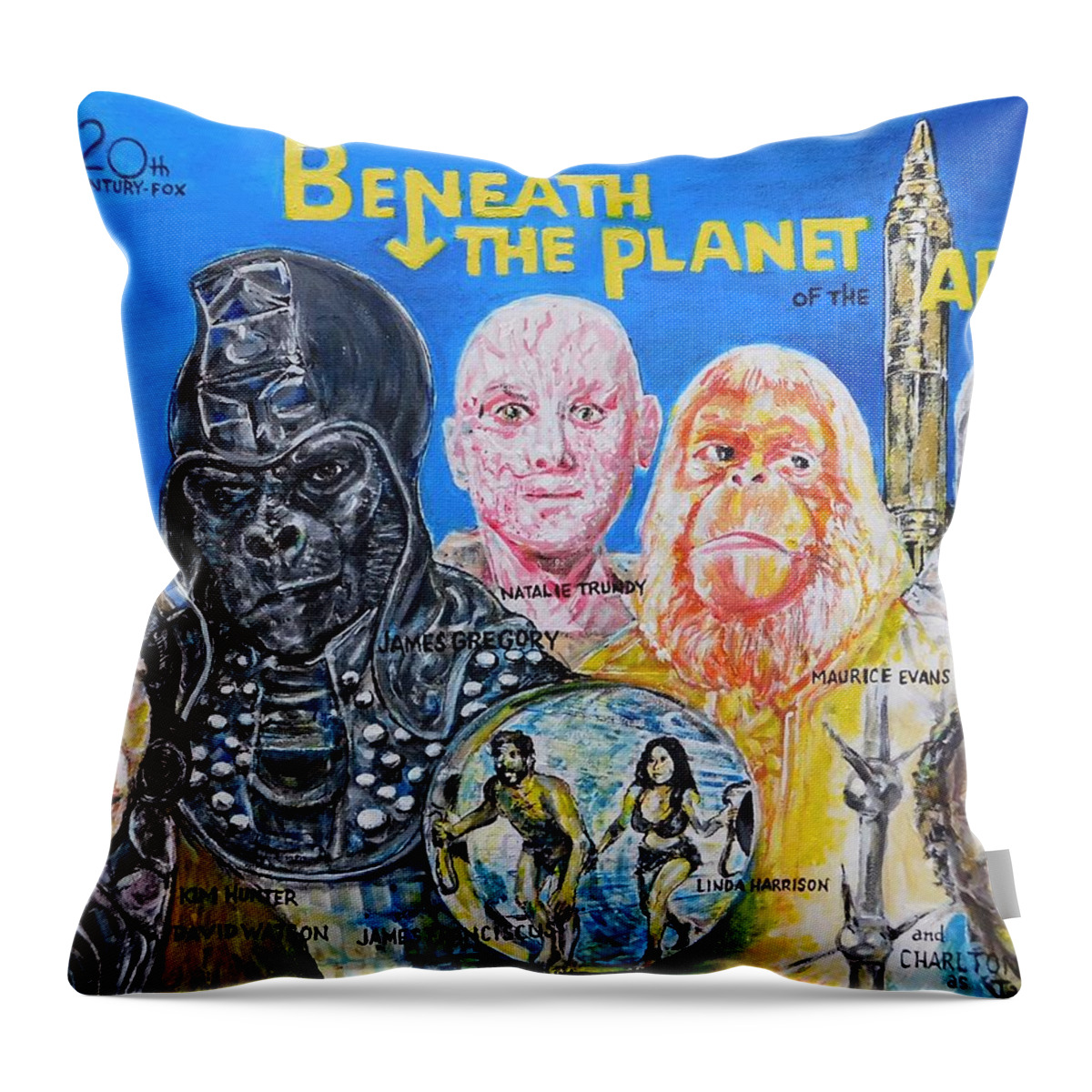 Planet Of The Apes Beneath The Plane To Fthe Apes Arthur P Jacobs Charlton Heston James Gregory Victo Rbuono James Franciscus Kim Hunter Linda Harrison Zira Cornelius Dr.zaius General Ursus Science Fiction 1970 20th Century Fox Hollywood California 1970 Throw Pillow featuring the painting Beneath The Planet Of The Apes - 1970 Lobby Card that Never Was by Jonathan Morrill