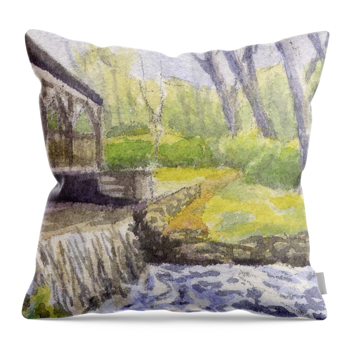 Moore State Park Throw Pillow featuring the painting Beside the Dam by Sharon E Allen