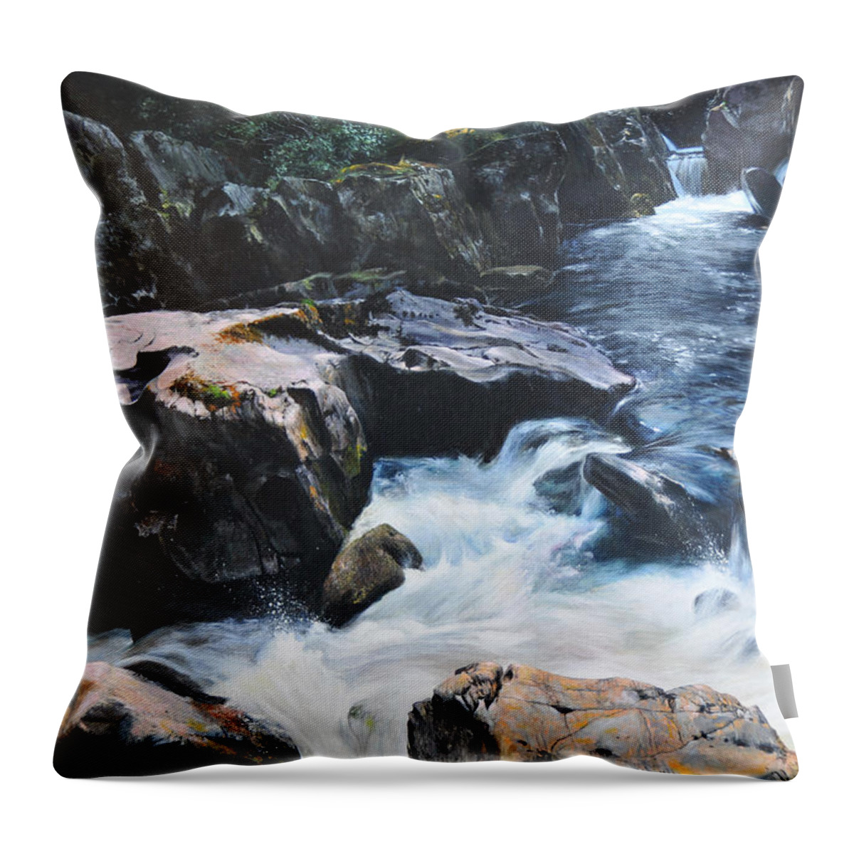Landscape Throw Pillow featuring the painting Betws-y-Coed Waterfall by Harry Robertson