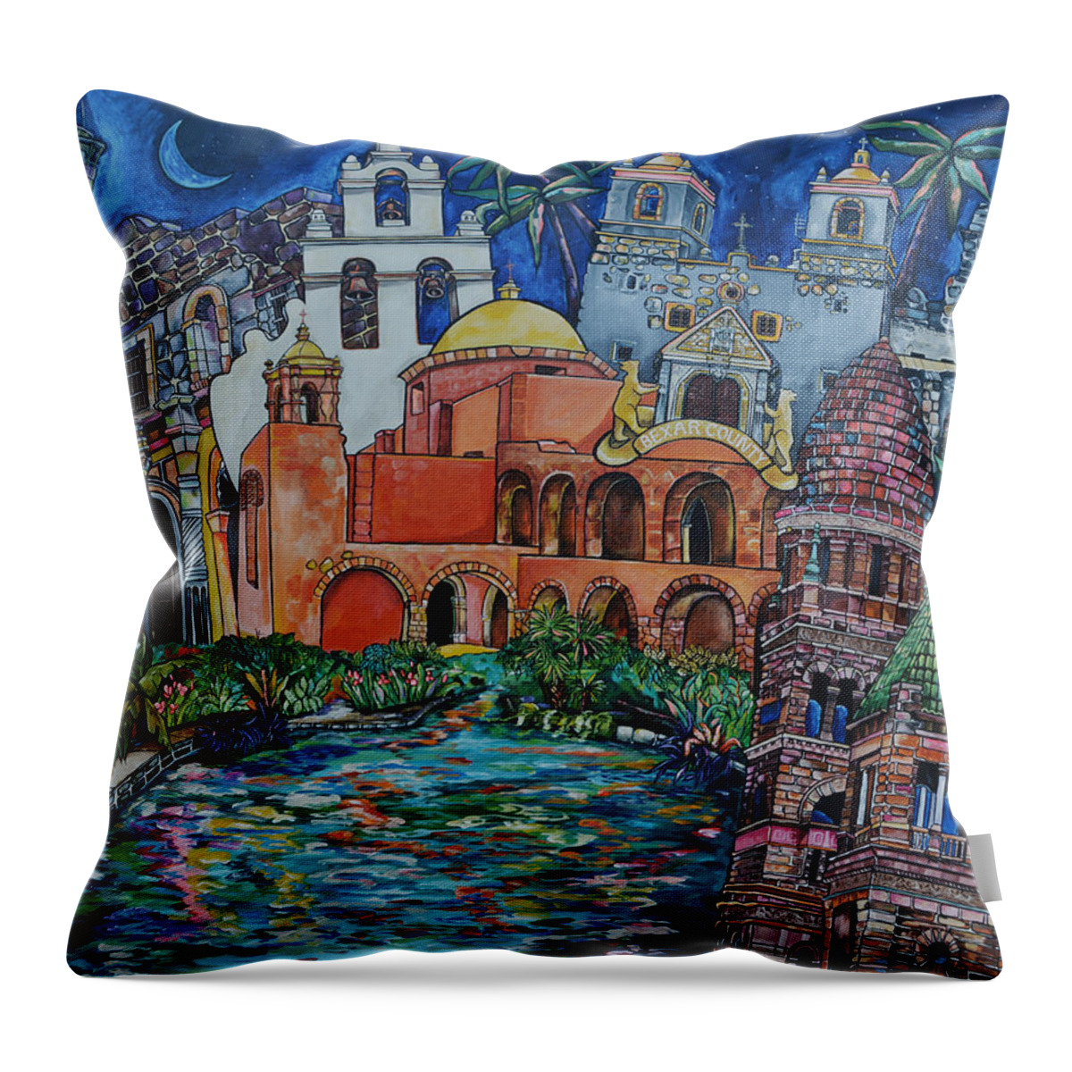 San Antonio Missions Throw Pillow featuring the painting Bexar County Missions by Patti Schermerhorn