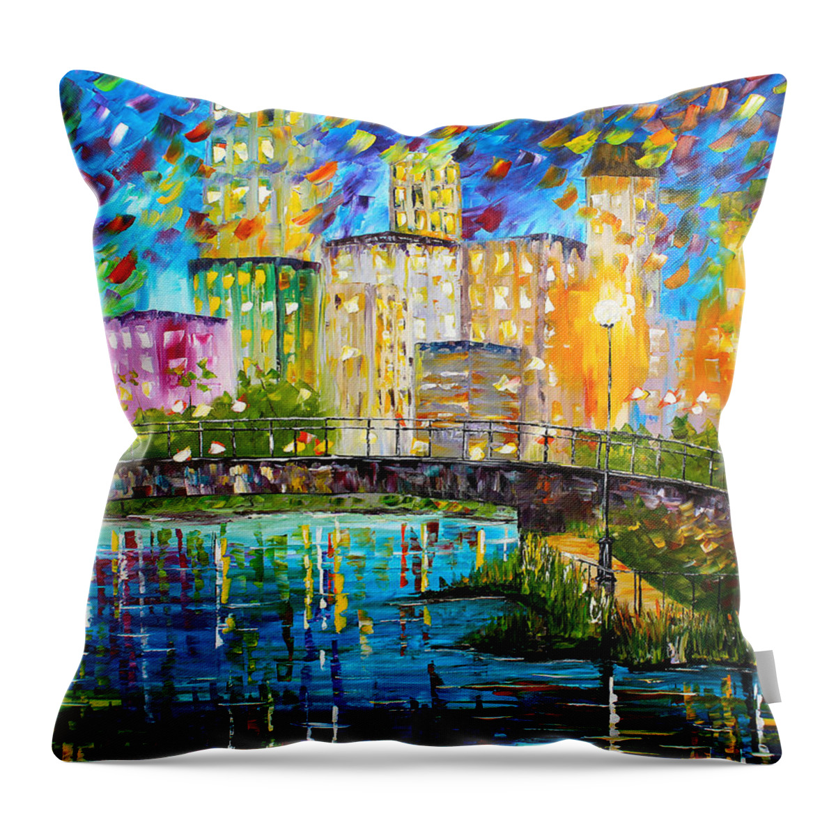City Paintings Throw Pillow featuring the painting Beyond the Bridge by Kevin Brown