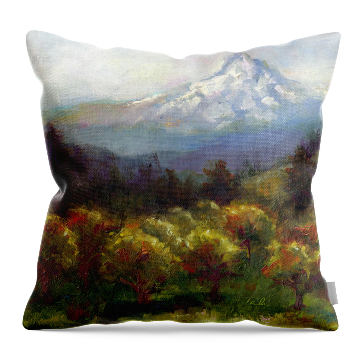 Mt. Throw Pillow featuring the painting Beyond the Orchards - Mt. Hood by Talya Johnson