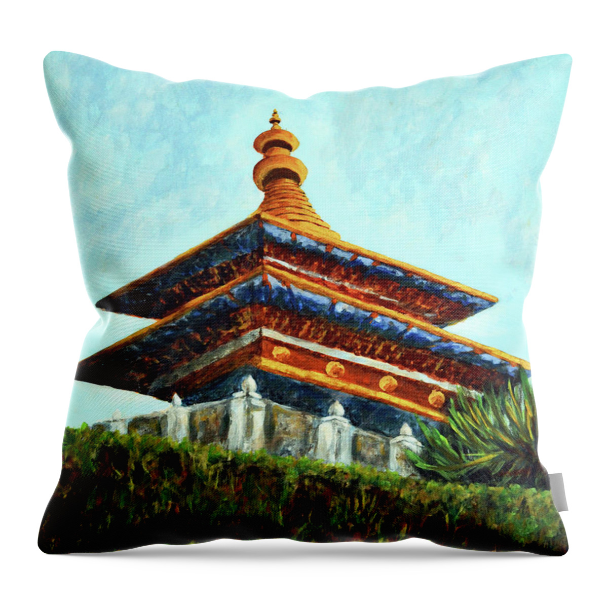 Bhutan Series Throw Pillow featuring the painting Bhutan series - Architecture by Uma Krishnamoorthy