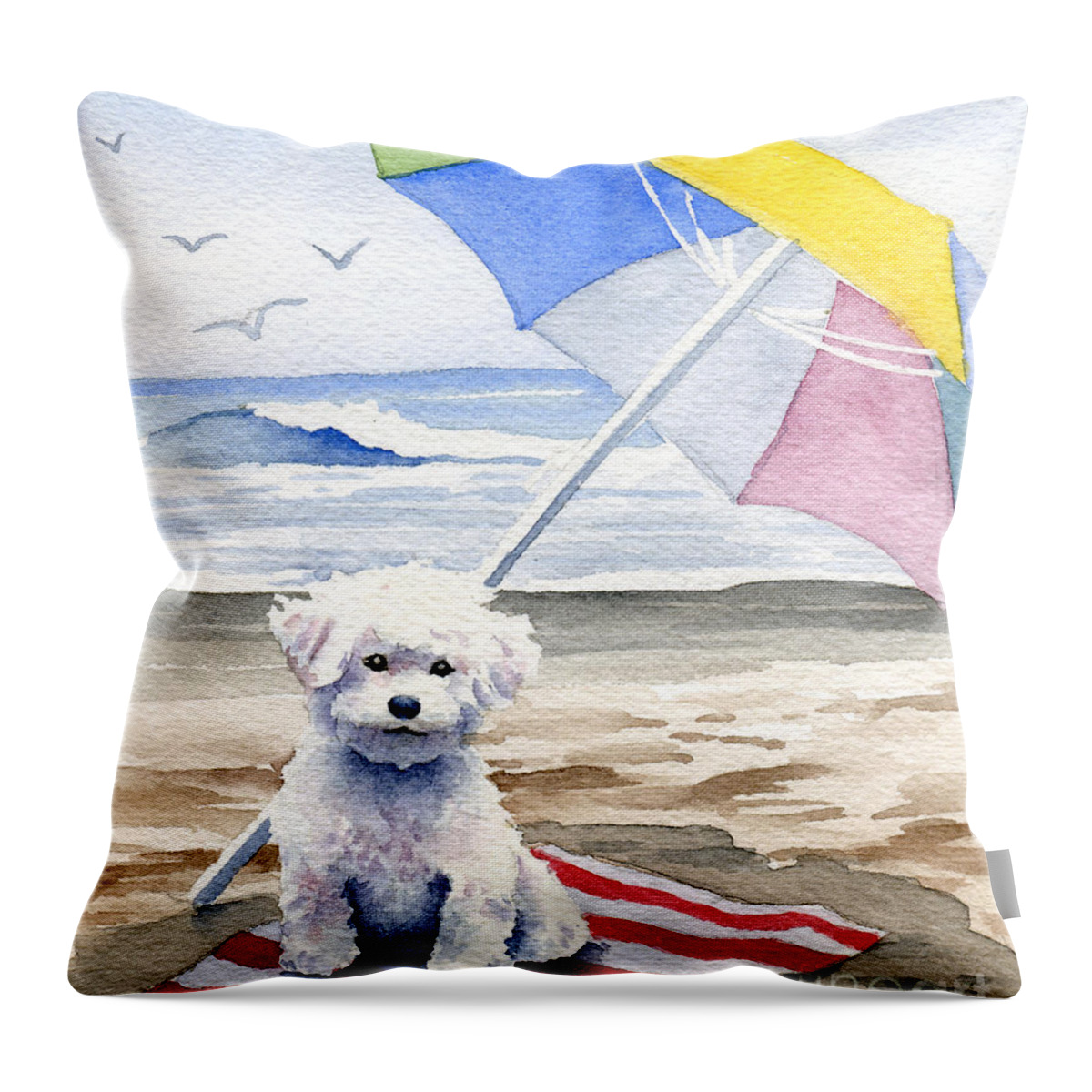 Bichon Throw Pillow featuring the painting Bichon Frise At The Beach II by David Rogers