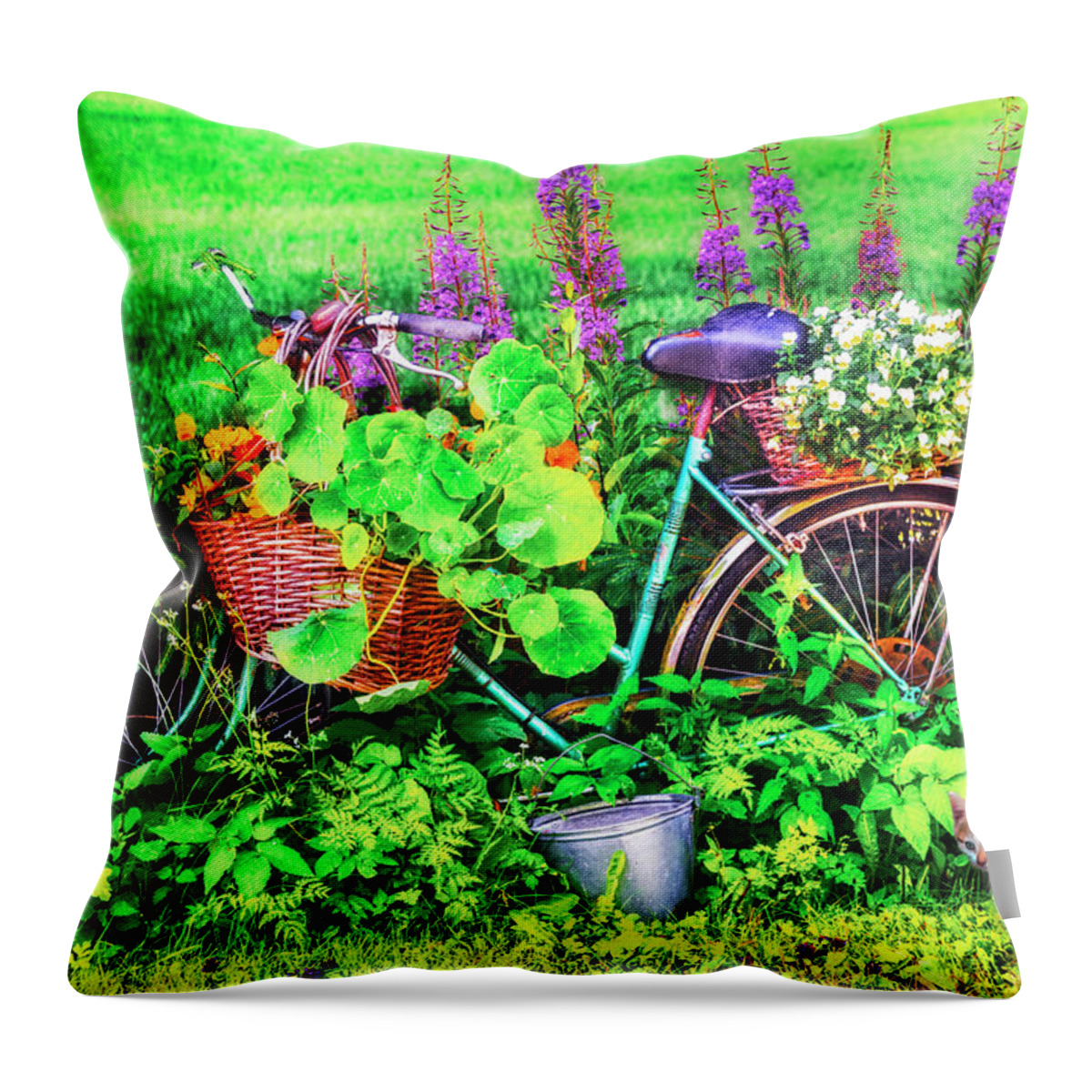 Appalachia Throw Pillow featuring the photograph Bicycle in the Flower Garden by Debra and Dave Vanderlaan