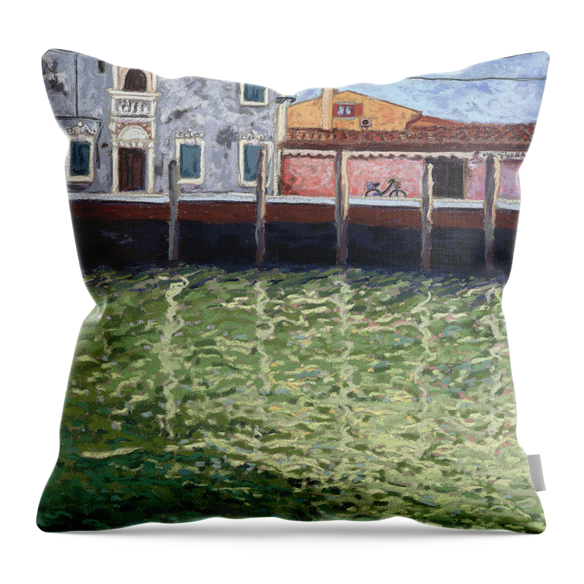 Venice Throw Pillow featuring the pastel Bicycle Murano by Cathy Carey