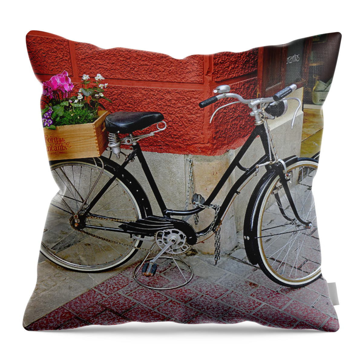 Bicycle Throw Pillow featuring the photograph Bicycle With Flowers In Palma Majorca Spain by Rick Rosenshein
