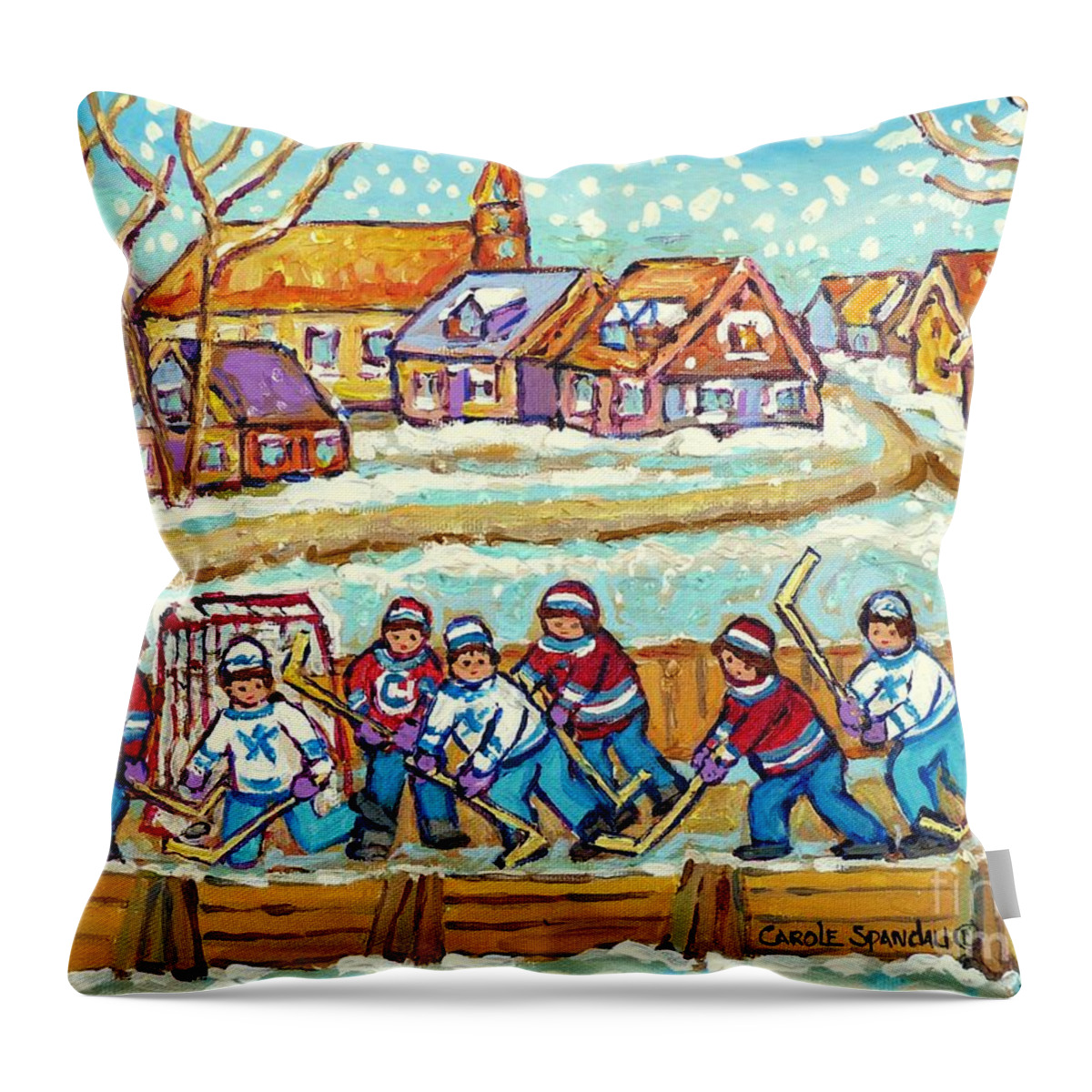 Hockey Throw Pillow featuring the painting Big Hockey Game Outdoor Ice Rink Snowy Winter Scene Painting Canadian Art C Spandau Quebec Artist  by Carole Spandau