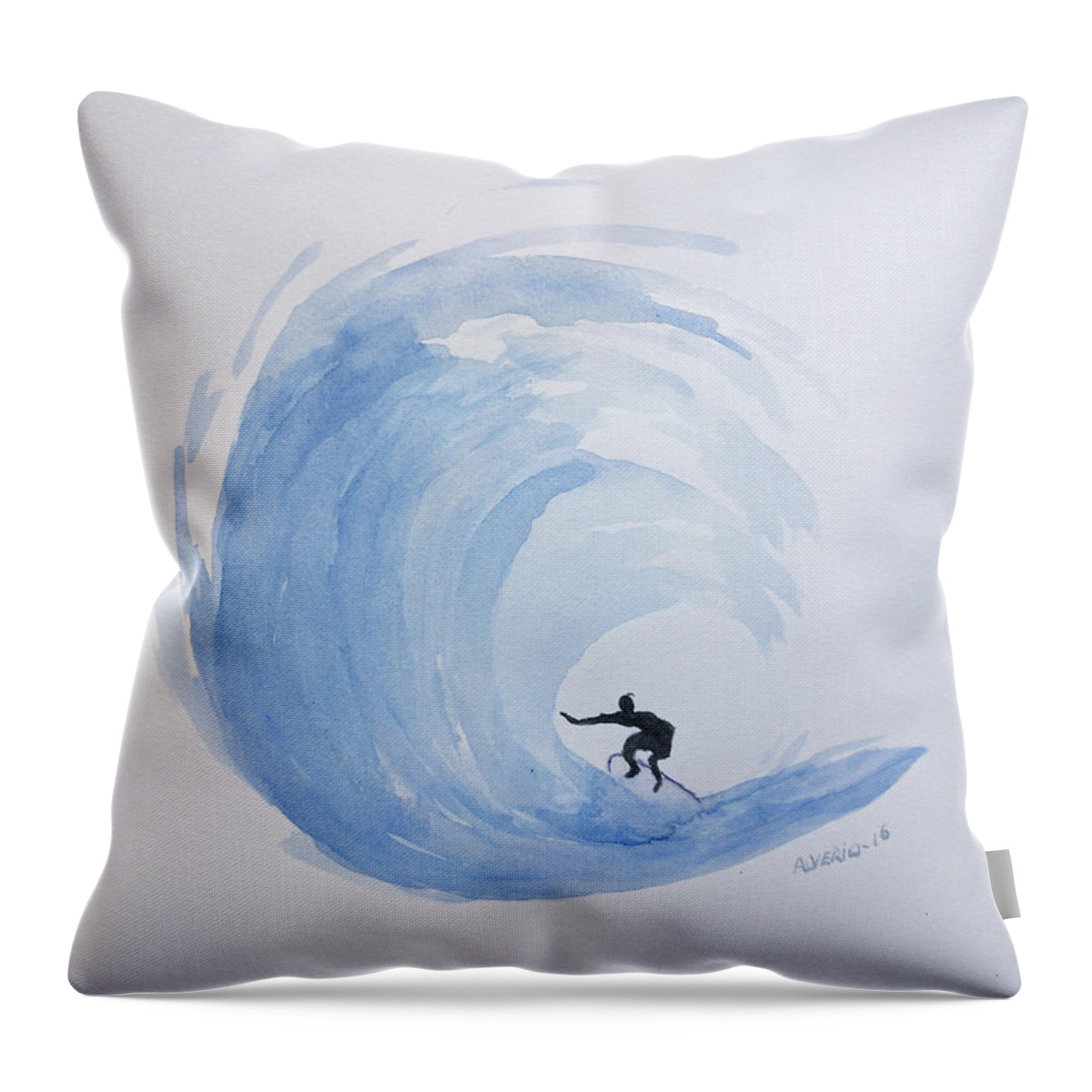 Big Throw Pillow featuring the painting Big Wave Surfing by Edwin Alverio