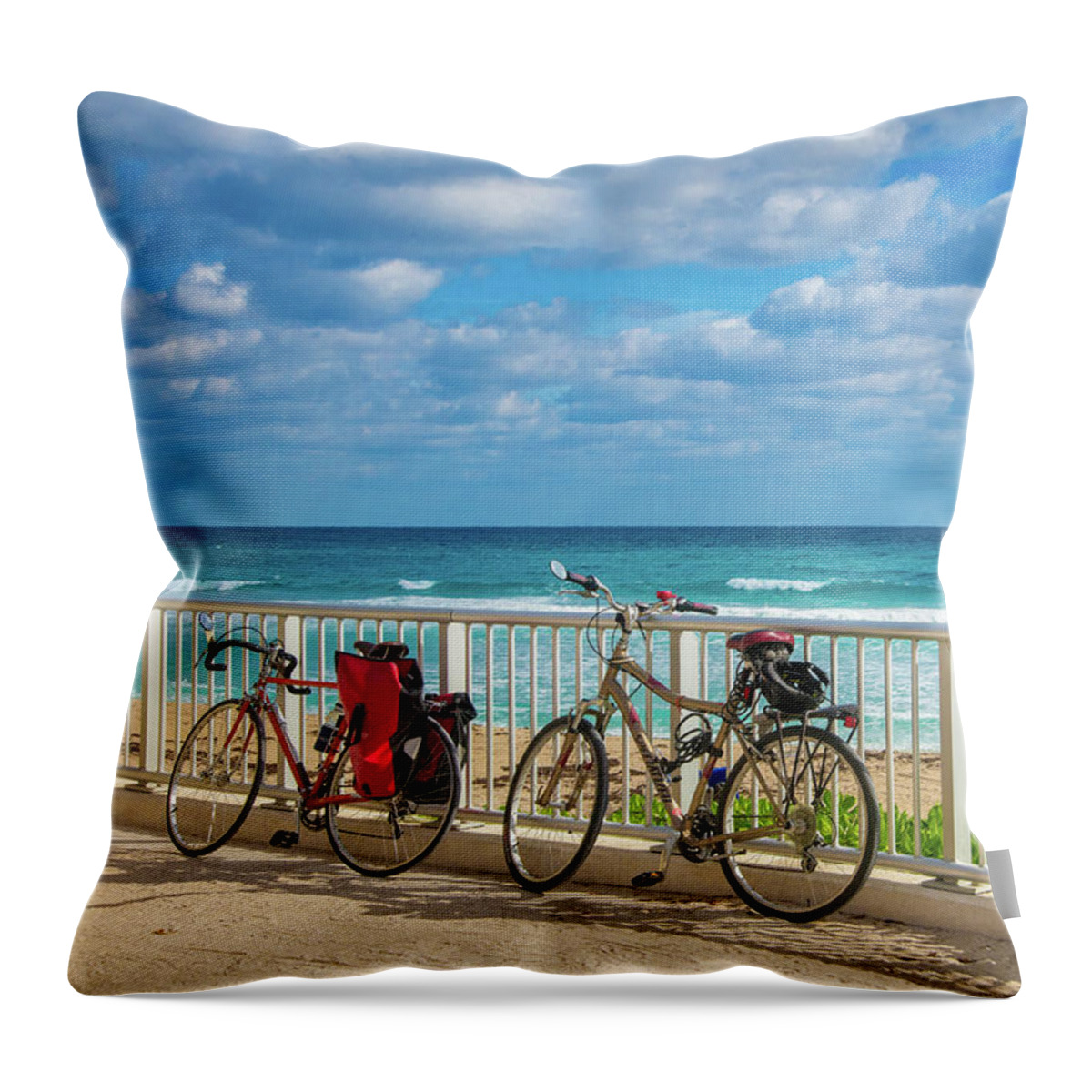 Bikes Throw Pillow featuring the photograph Bike Break at the Beach by Lynn Bauer