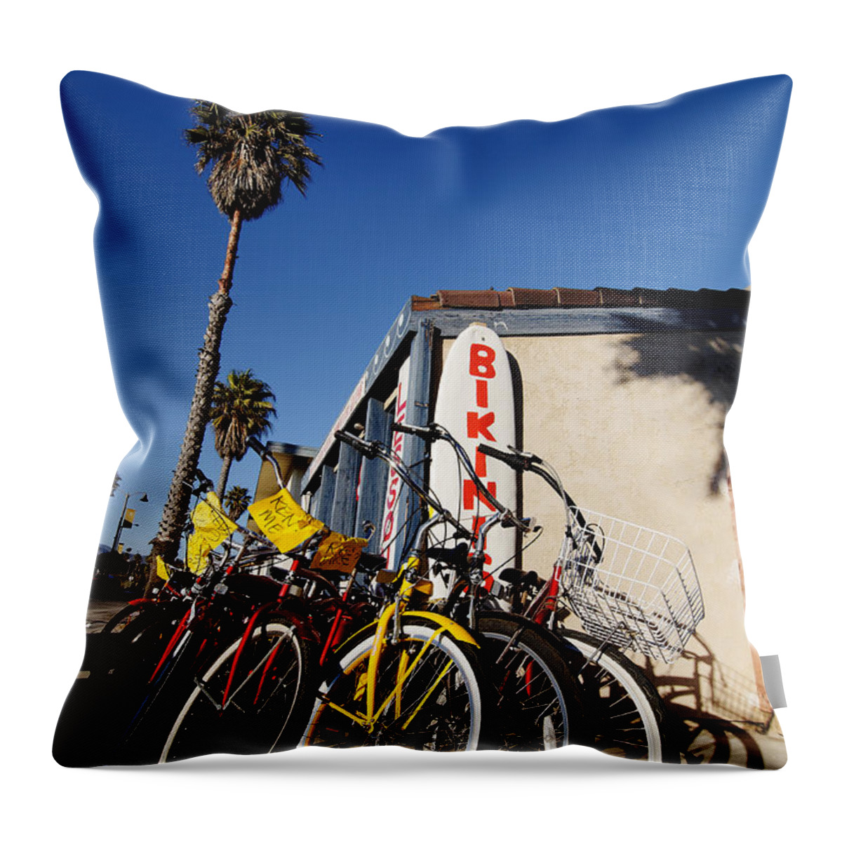 Darin Volpe Patterns And Abstracts Throw Pillow featuring the photograph Bikes and Bikinis - Ventura, California by Darin Volpe
