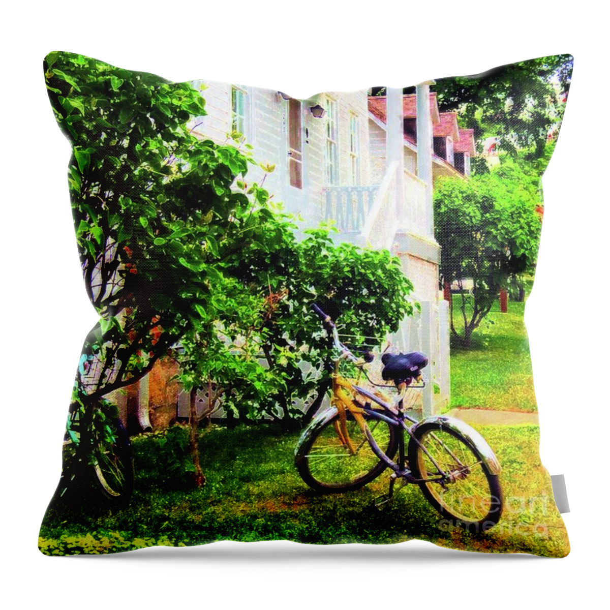 Traditional Art Throw Pillow featuring the painting Bikes in the Yard I I by Desiree Paquette