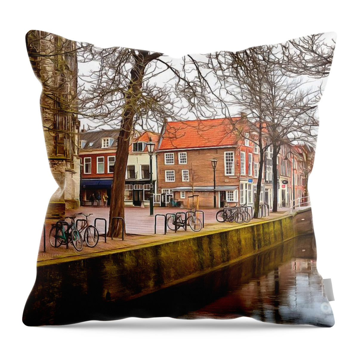 Canal Throw Pillow featuring the photograph Bikes on the Canal by Eva Lechner