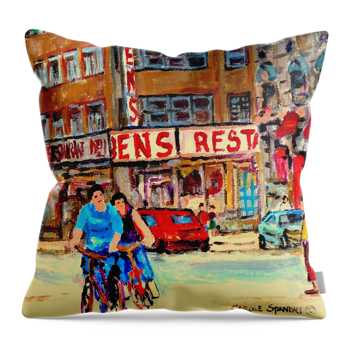 Montreal Throw Pillow featuring the painting Biking Past Ben by Carole Spandau