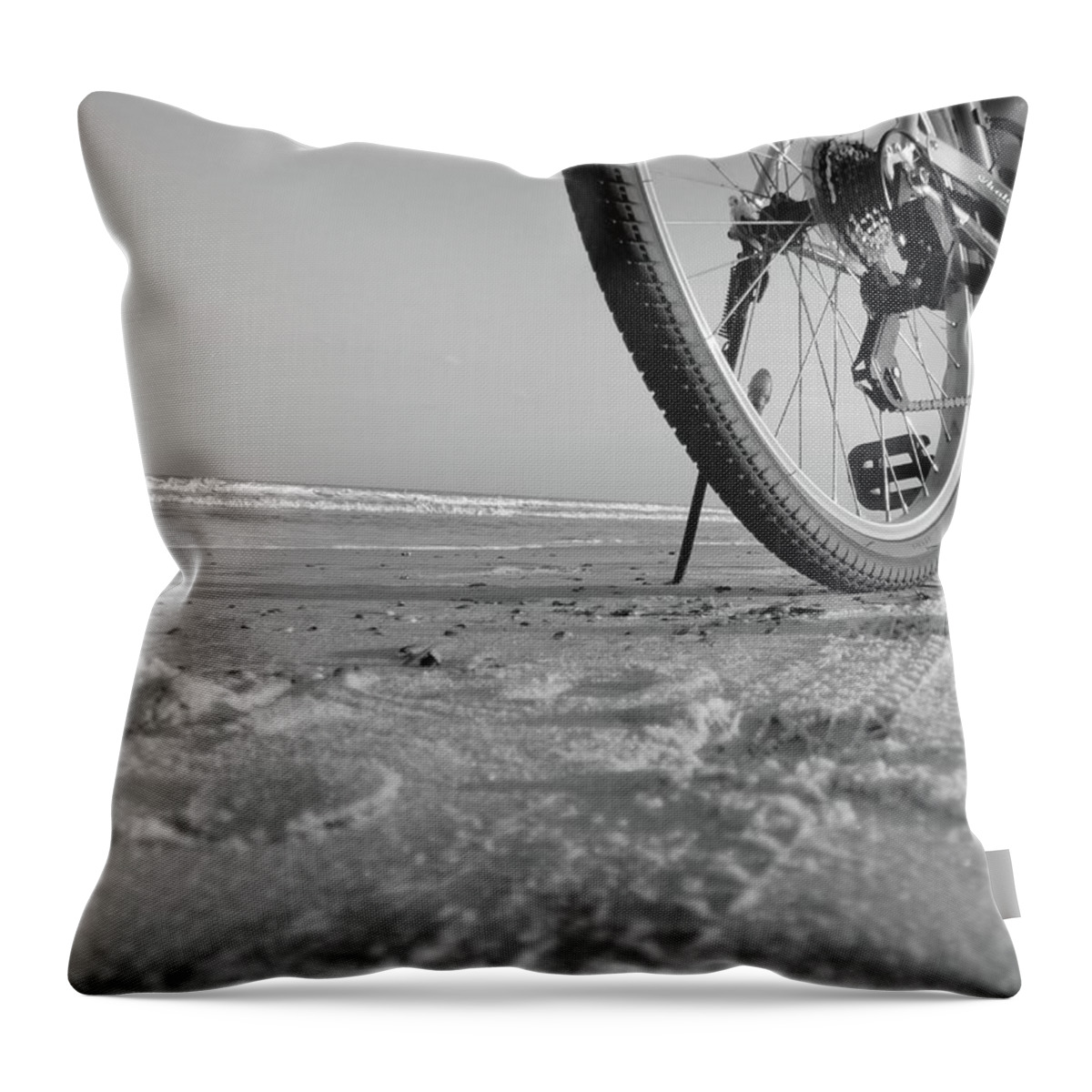 Black And White Print Throw Pillow featuring the photograph Biking To The Beach by WaLdEmAr BoRrErO