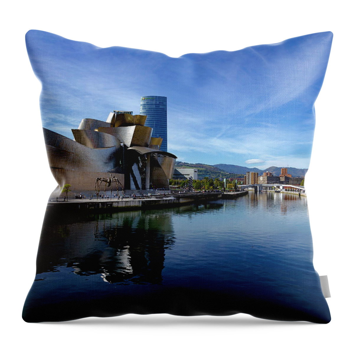 Spain Bilbao Guggenheim Museum Basque Country Frank Gehry Contemporary Architecture Nervion River City Daring And Innovative Curves Building Exterior Spectacular Building Deconstructivism Ferrovial Clad In Glass Throw Pillow featuring the photograph Bilbao in autumn with blue skies next to the river Nervion by Andy Myatt