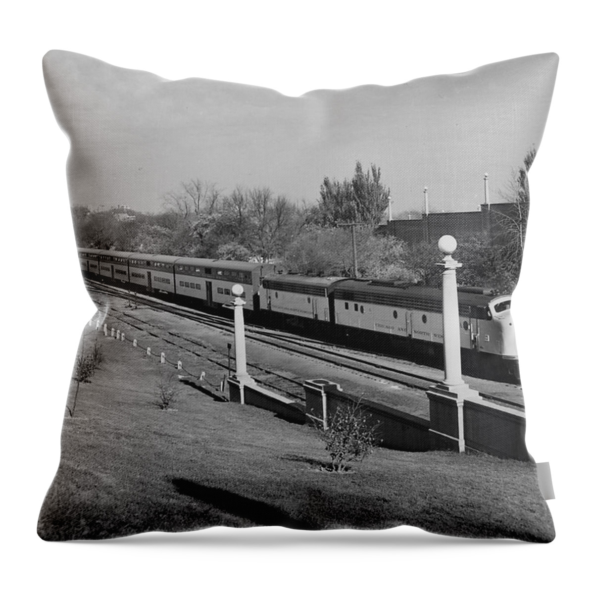 Passenger Trains Throw Pillow featuring the photograph Bilevel 400 at Lake Front Depot by Chicago and North Western Historical Society