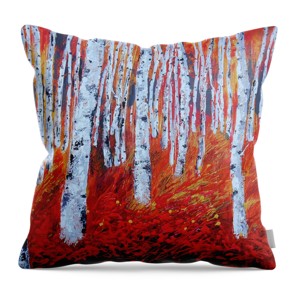 Birch Tree Landscape Forest Woods Fall Autumn Bright Colours Throw Pillow featuring the painting Birch in Gold by Leon Zernitsky