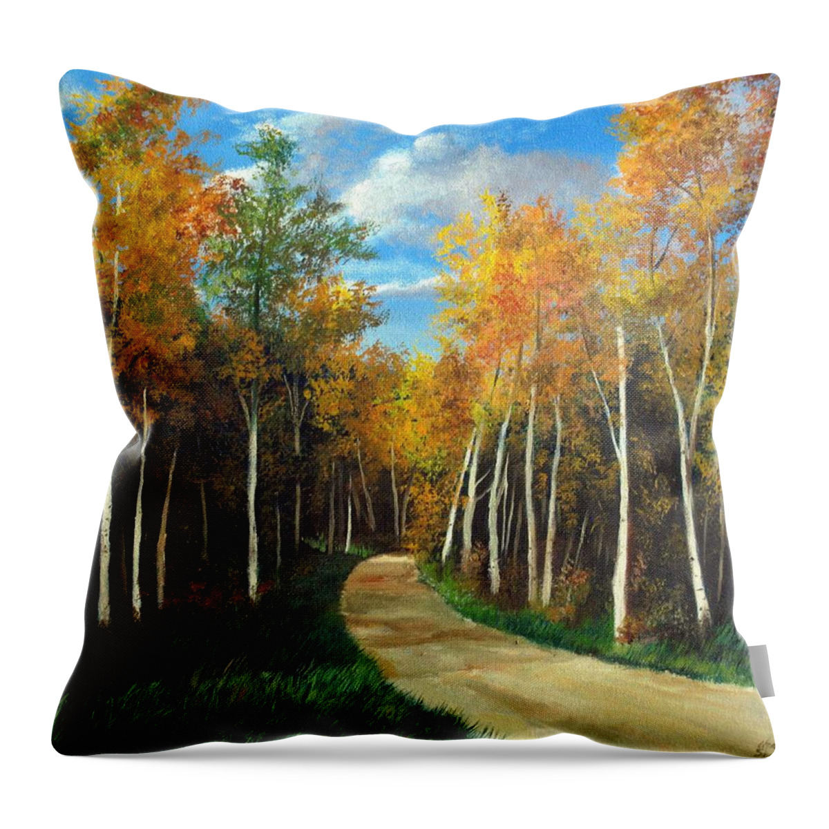 Birch Throw Pillow featuring the painting Birch Trees along the Country Road by Christopher Shellhammer