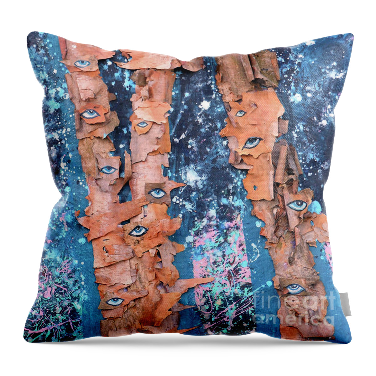 Birch Trees Throw Pillow featuring the mixed media Birch Trees With Eyes by Genevieve Esson
