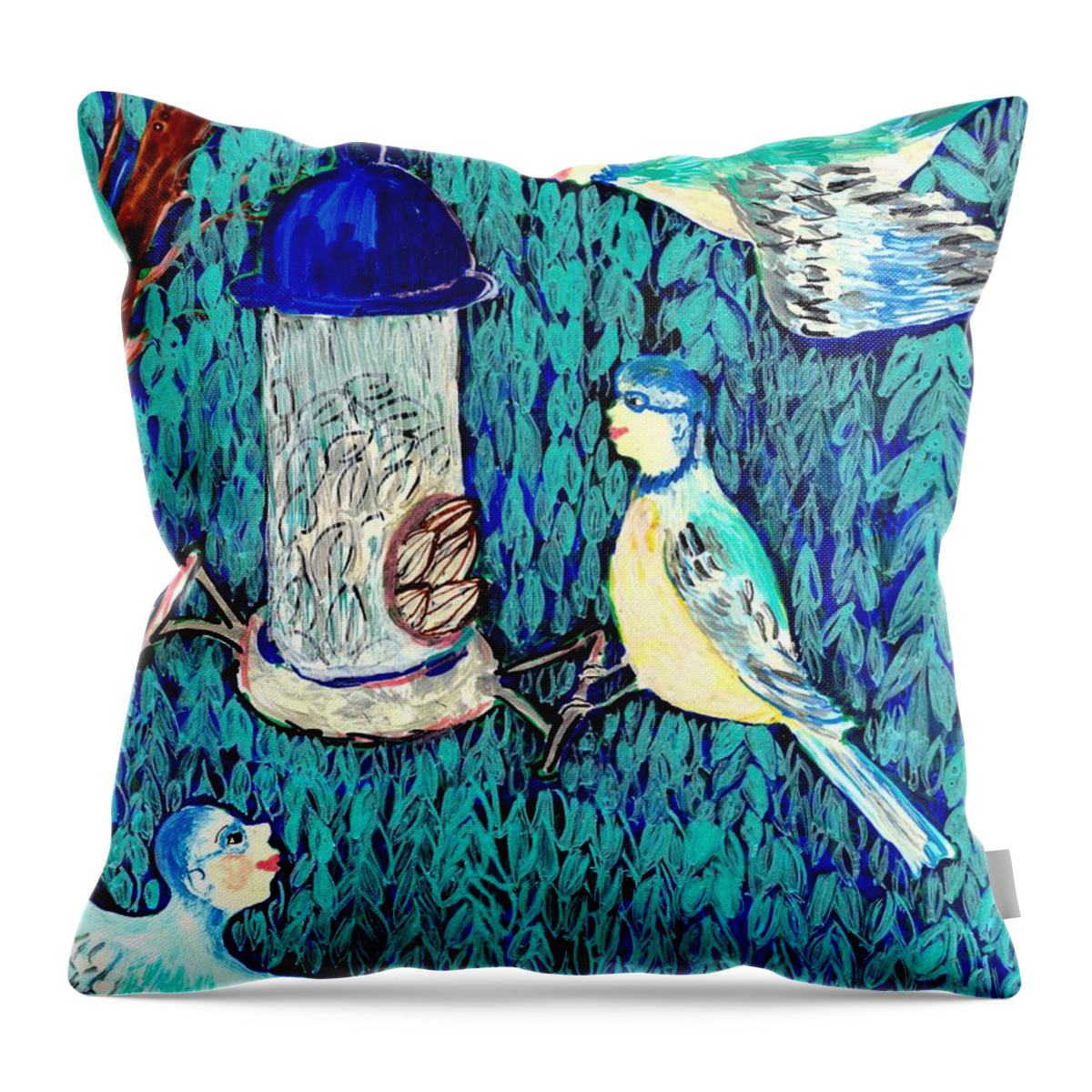 Sue Burgess Throw Pillow featuring the painting Bird people The bluetit family by Sushila Burgess