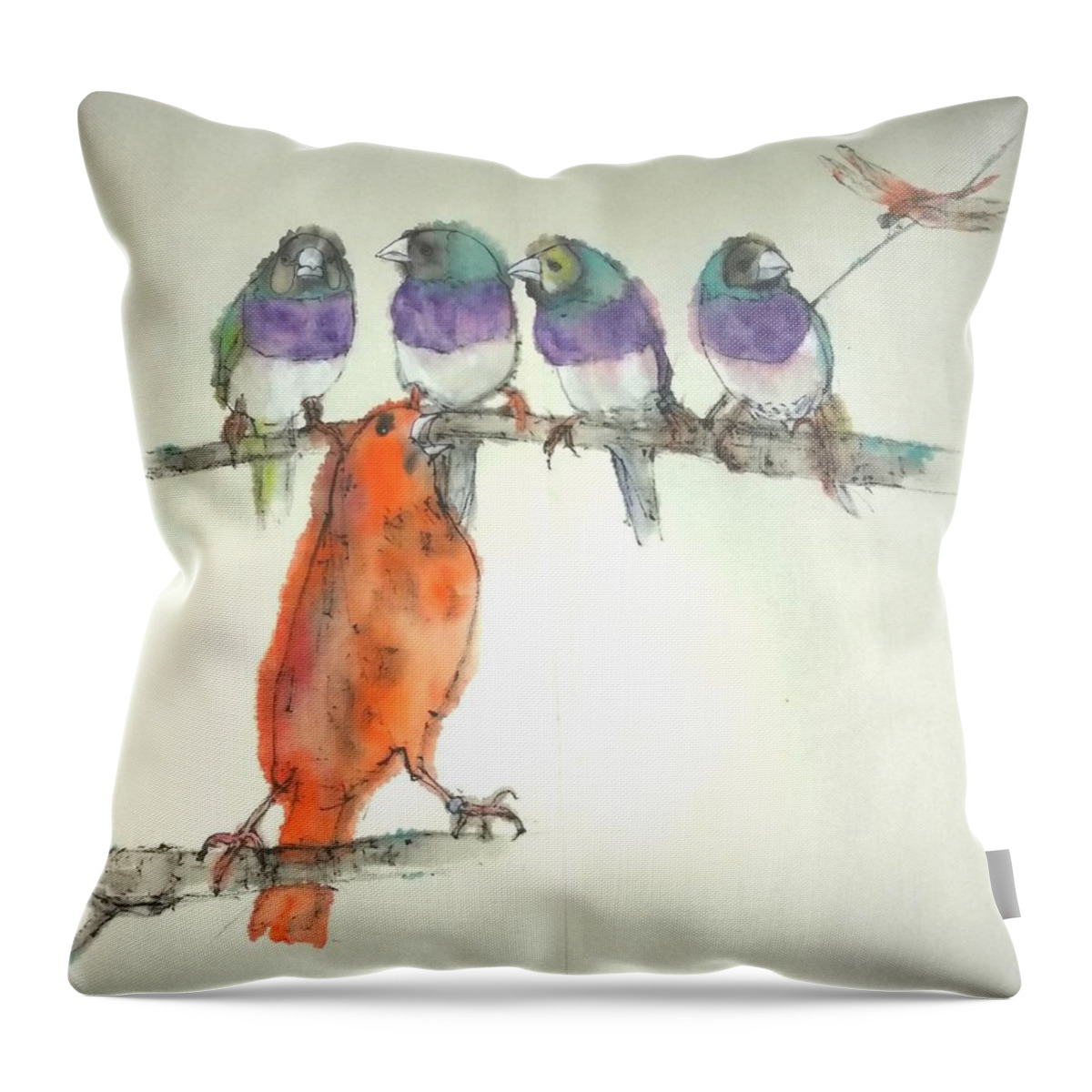 Birds. Finch. Canary. Red. Singer Throw Pillow featuring the painting Birds Birds Birds Album by Debbi Saccomanno Chan