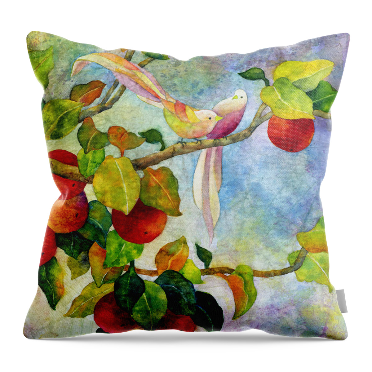 Birds Throw Pillow featuring the painting Birds on Apple Tree by Hailey E Herrera