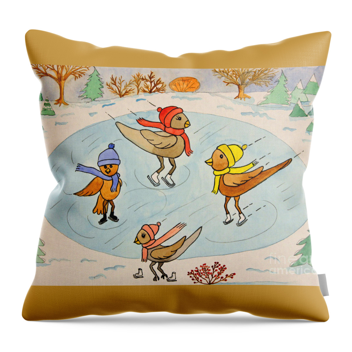 Winter Throw Pillow featuring the painting Birds on Ice by Norma Appleton