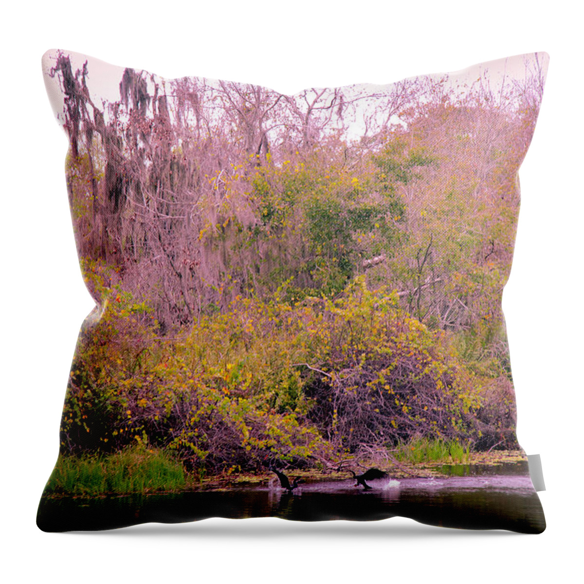 Bird Throw Pillow featuring the photograph Birds Playing In The Pond 1 by Madeline Ellis