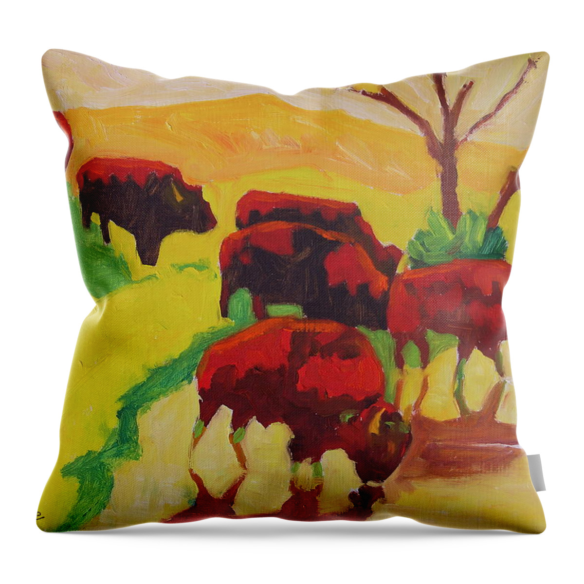 Bison Art Throw Pillow featuring the painting Bison Art Bison Crossing Stream Yellow Hill painting Bertram Poole by Thomas Bertram POOLE