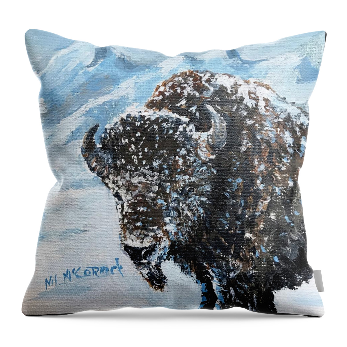 Bison Throw Pillow featuring the painting Bison of the Tetons by ML McCormick