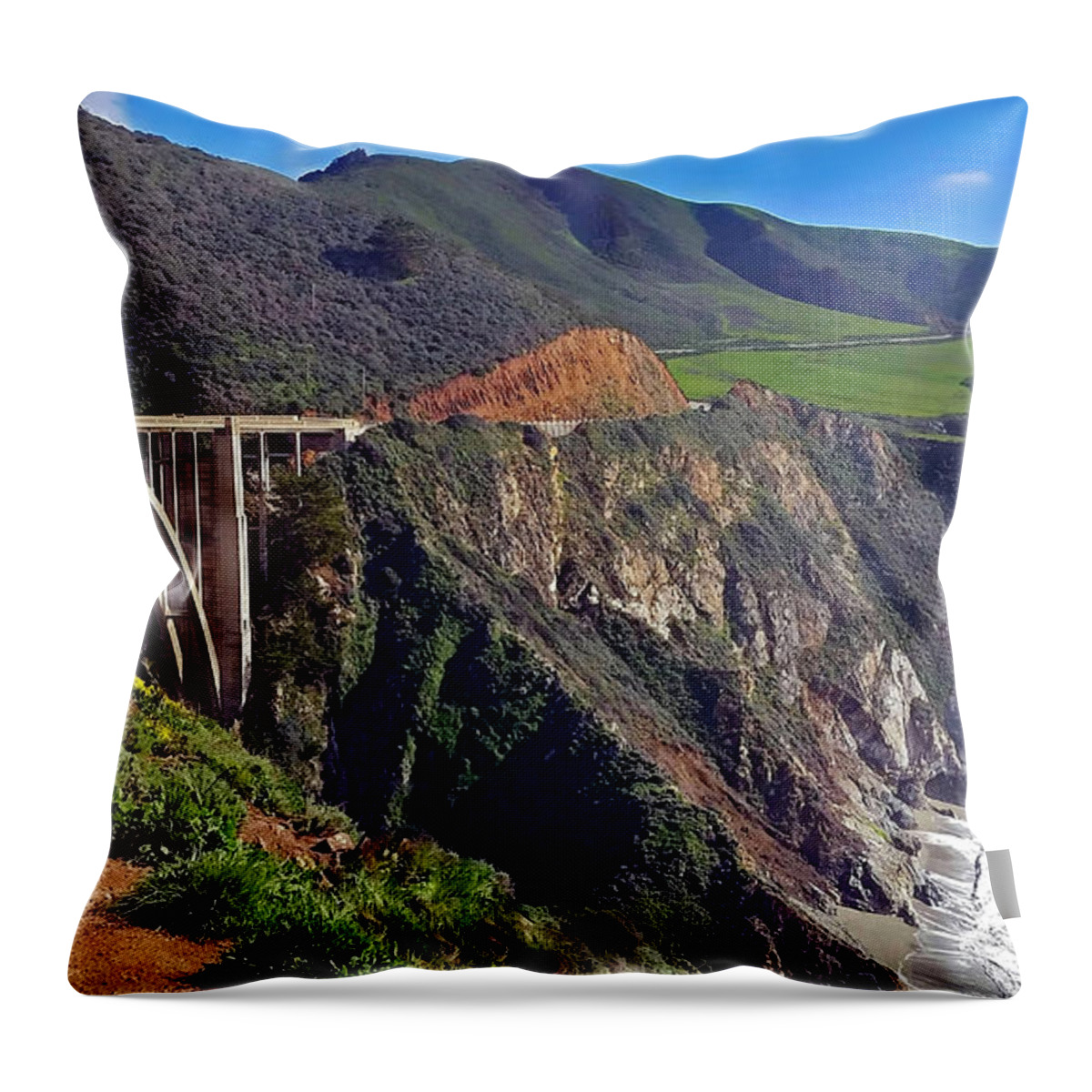 Photography By Suzanne Stout Throw Pillow featuring the photograph Bixby Bridge at Big Sur by Suzanne Stout