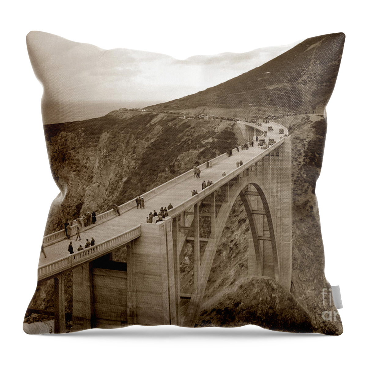 November Throw Pillow featuring the photograph Bixby Creek Bridge Big Sur opening day November 27 1932 by Monterey County Historical Society