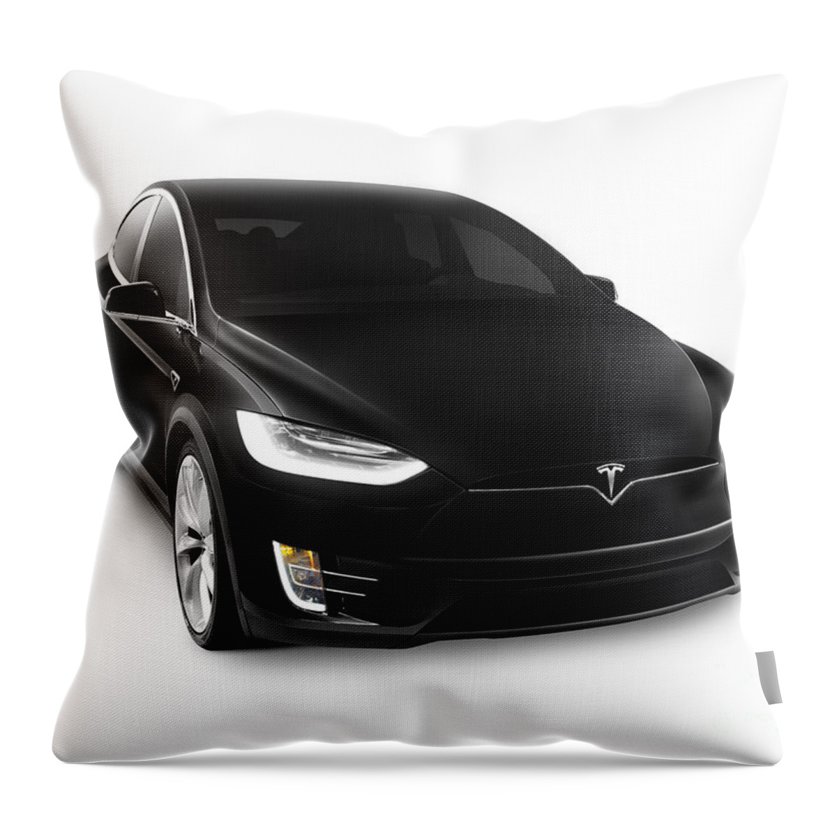 Tesla Throw Pillow featuring the photograph Black 2017 Tesla Model X luxury SUV electric car isolated on whi by Maxim Images Exquisite Prints