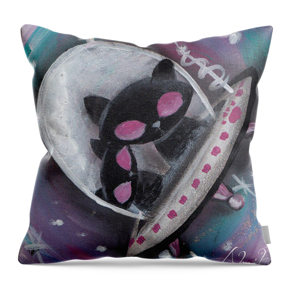Mid Century Modern Throw Pillow featuring the painting Black Alien Space Cats by Abril Andrade