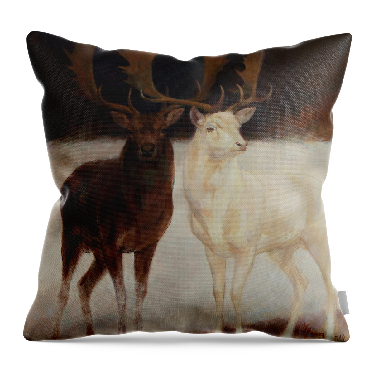 Deer Throw Pillow featuring the painting Black and White Fallow Deers by Attila Meszlenyi