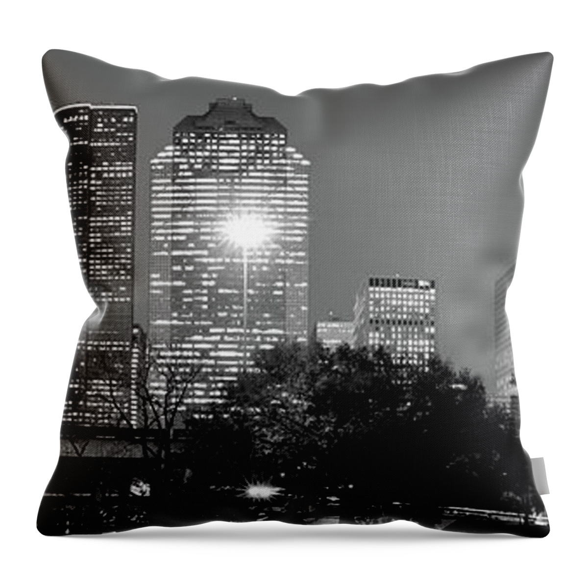America Throw Pillow featuring the photograph Black and White Houston Texas Downtown Skyline Panorama by Gregory Ballos