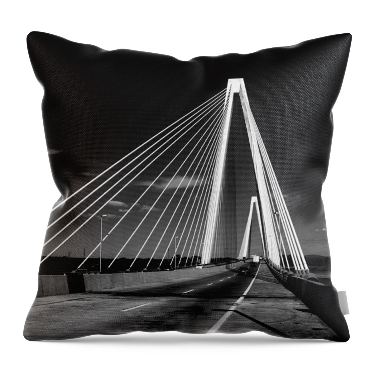 Stan Musial Veterans Memorial Bridge Throw Pillow featuring the photograph Black and White of the Stan Musial Bridge by Buck Buchanan
