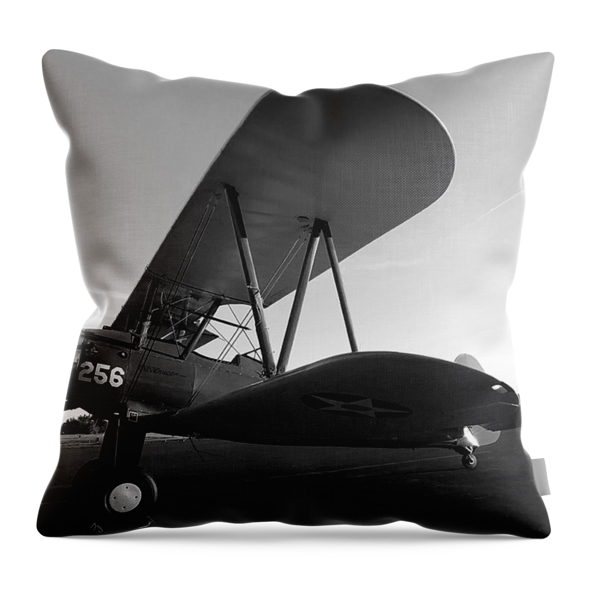 Black And White Throw Pillow featuring the photograph Black and White Preston Aviations Boeing Stearman 001 by Christopher Mercer