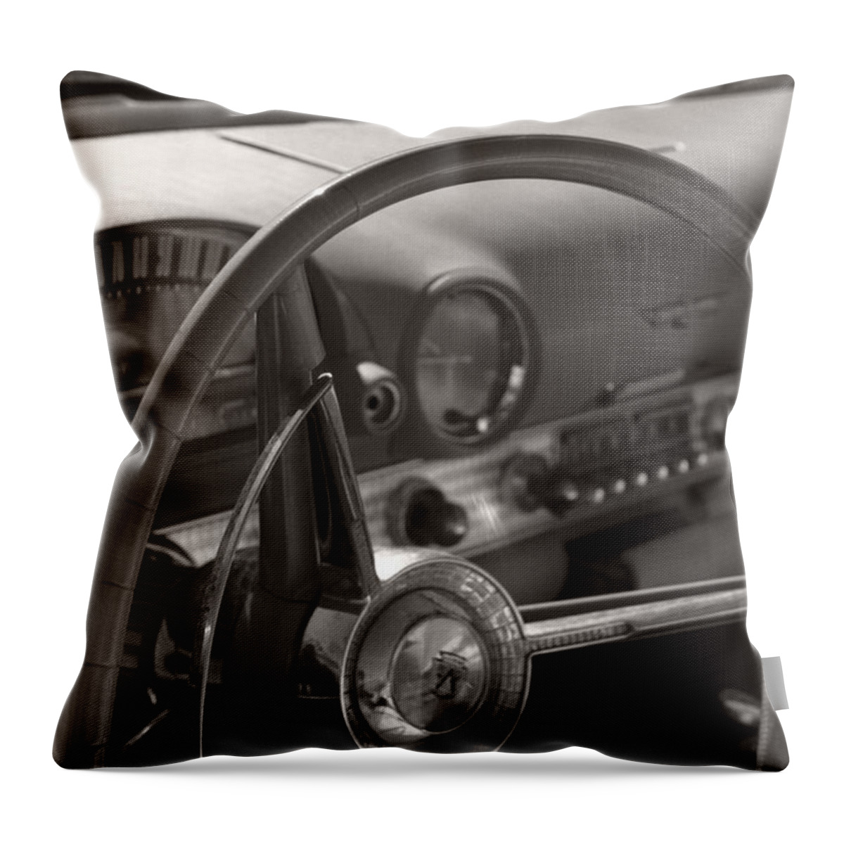 Black And White Photography Throw Pillow featuring the photograph Black and White Thunderbird Steering Wheel by Heather Kirk