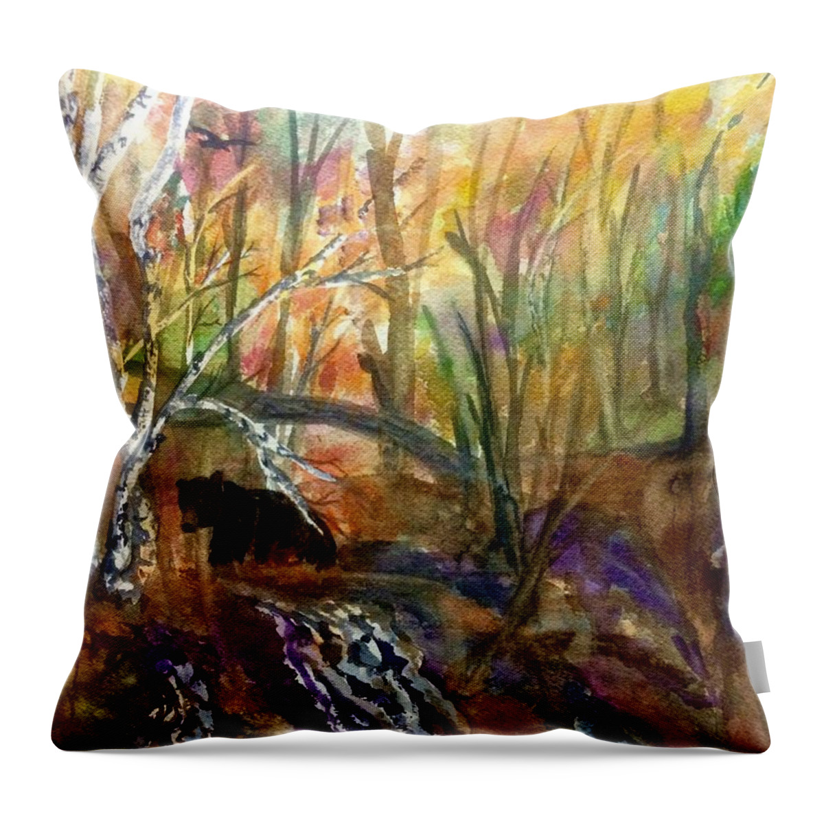 Black Bear Throw Pillow featuring the painting Black Bear in Autumn Woods by Ellen Levinson