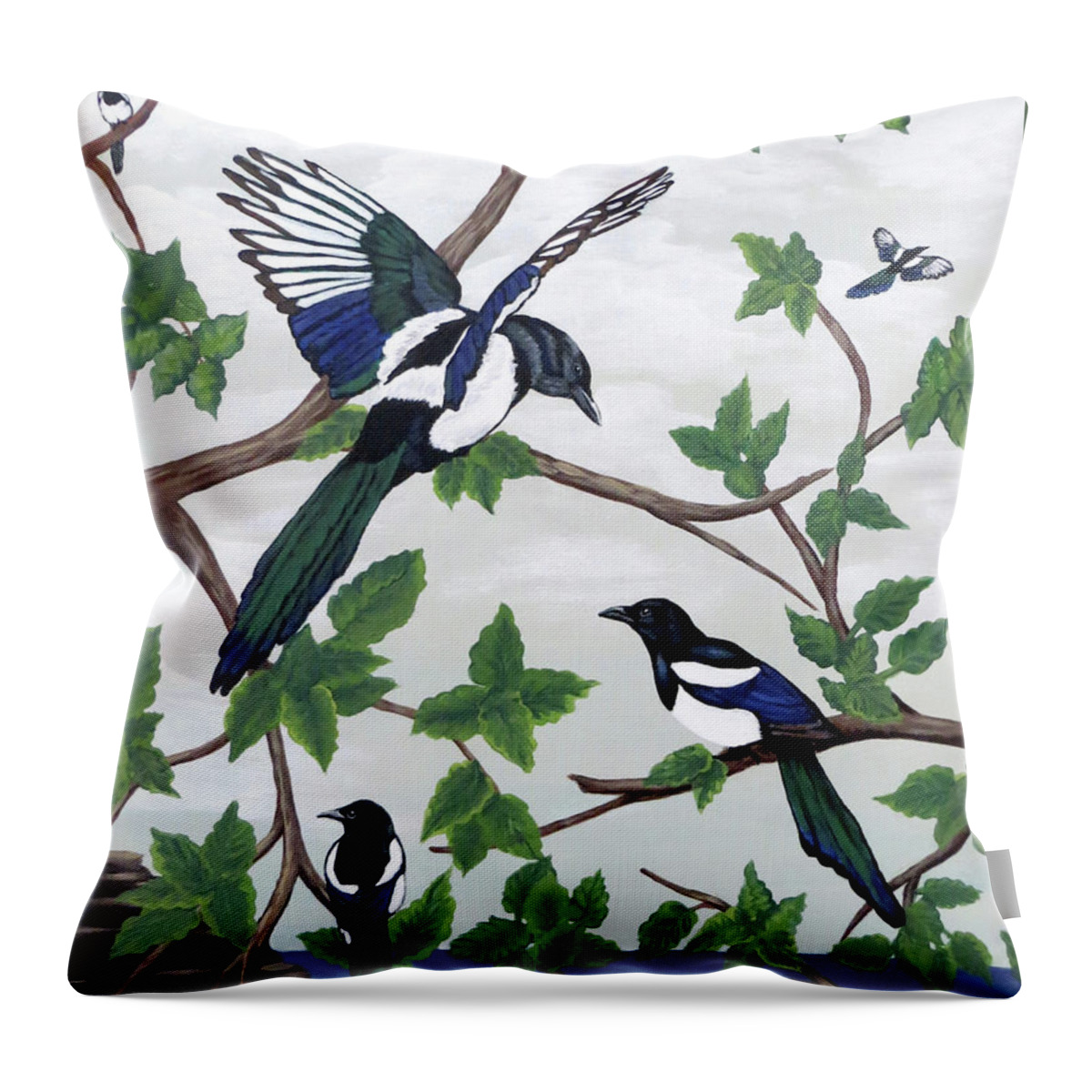 Magpies Throw Pillow featuring the painting Black Billed Magpies by Teresa Wing