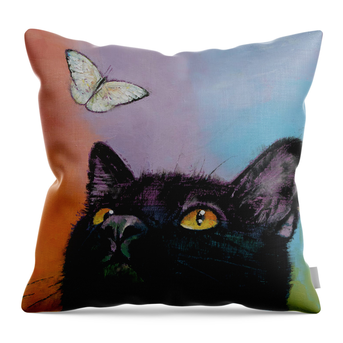 Cat Throw Pillow featuring the painting Black Cat Butterfly by Michael Creese