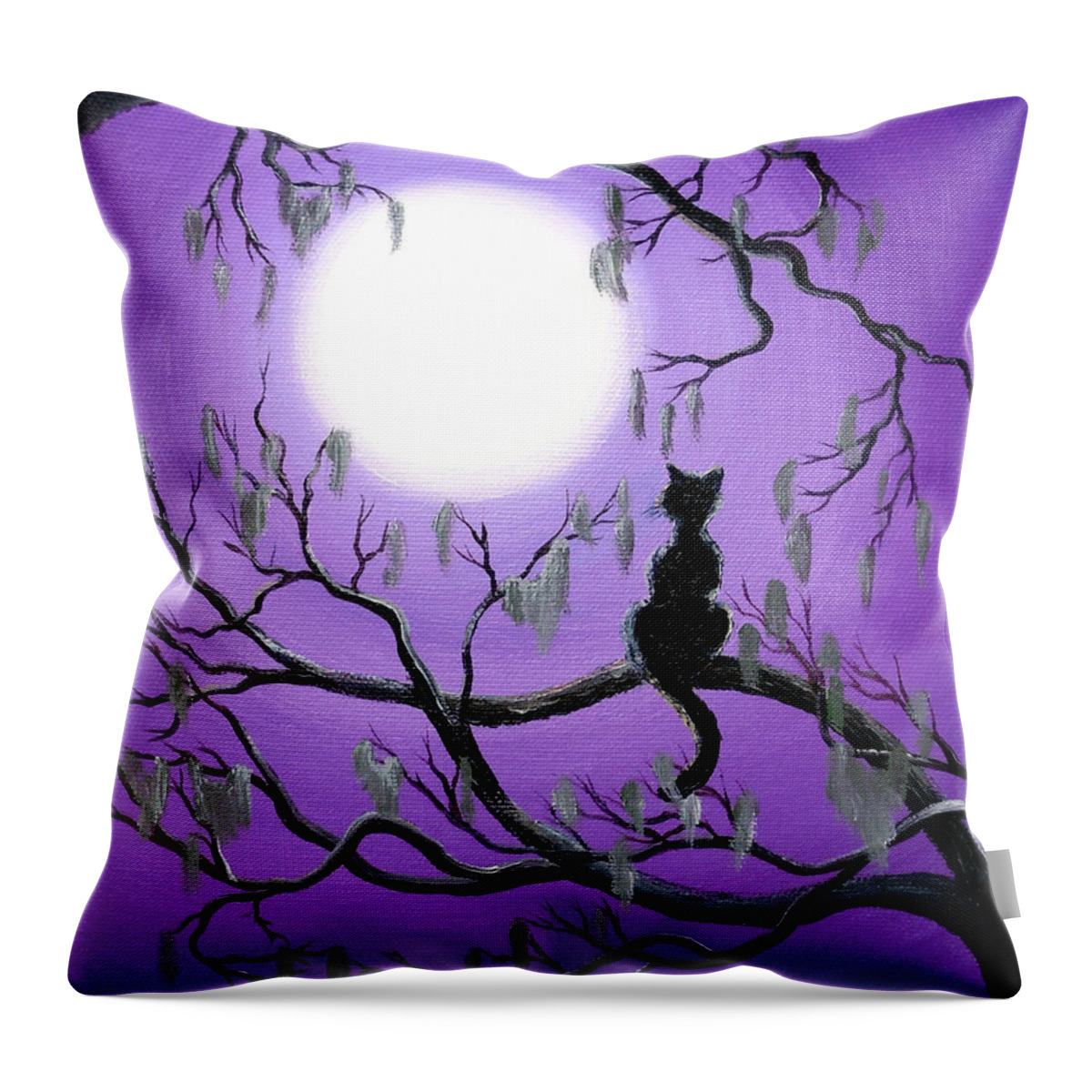 Painting Throw Pillow featuring the painting Black Cat in Mossy Tree by Laura Iverson