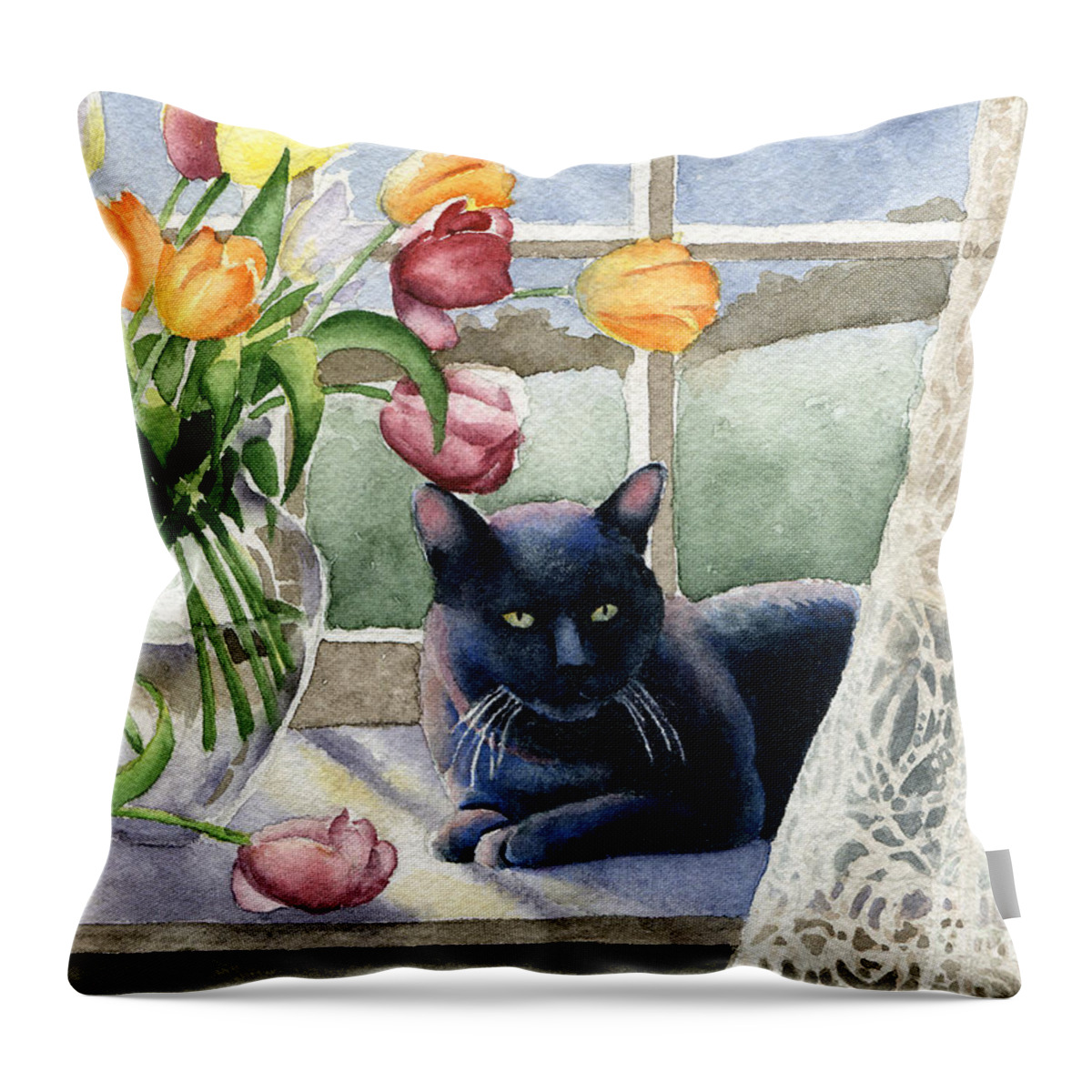 Black Throw Pillow featuring the painting Black Cat In The Window by David Rogers