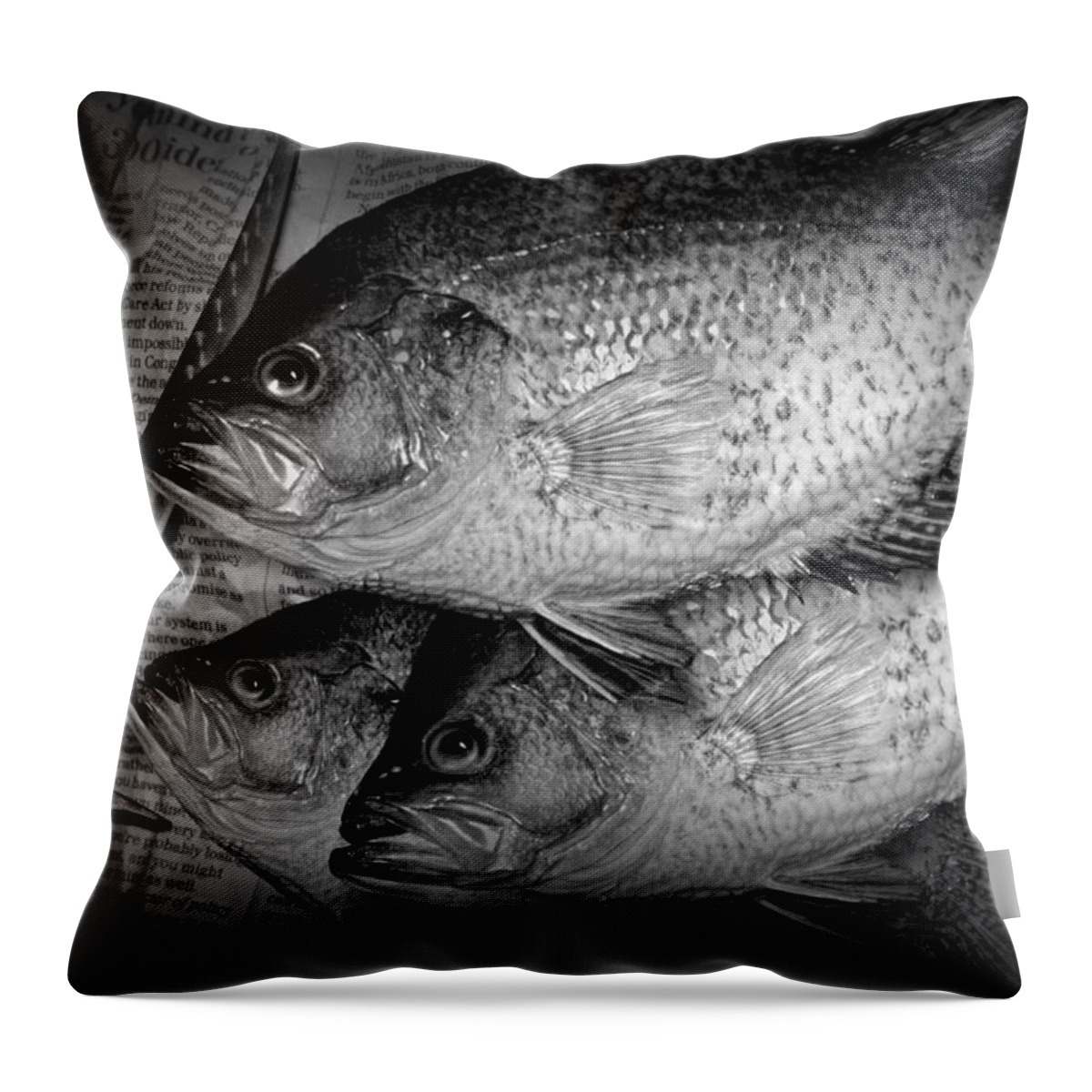 Crappie Throw Pillow featuring the photograph Black Crappie Panfish with Fish Filet Knife in Black and White by Randall Nyhof
