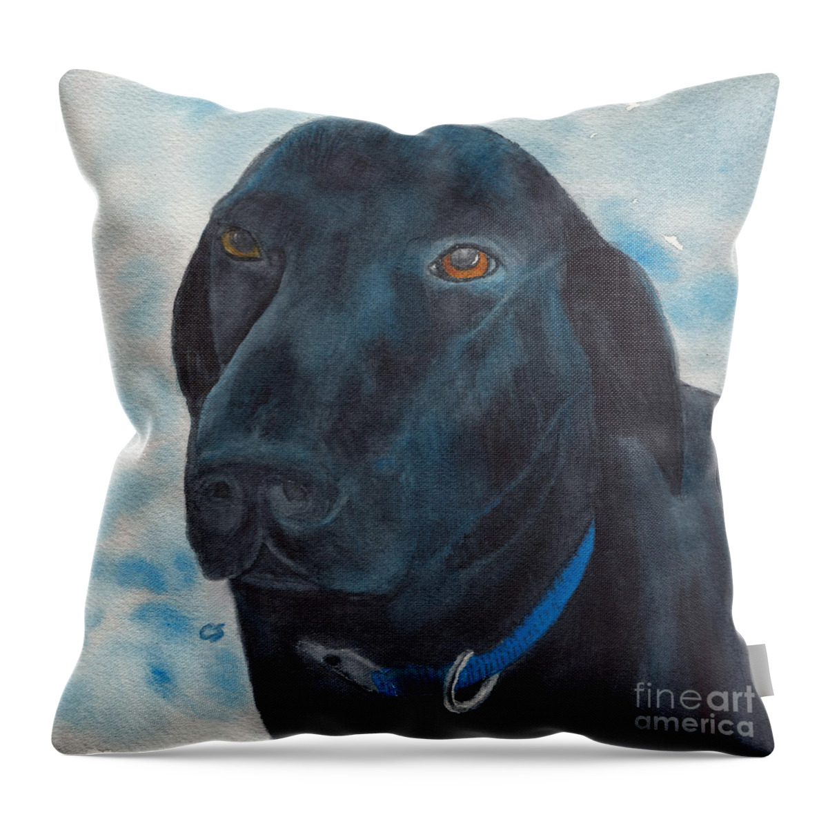 Dog Throw Pillow featuring the painting Black Labrador with Copper Eyes Portrait II by Conni Schaftenaar