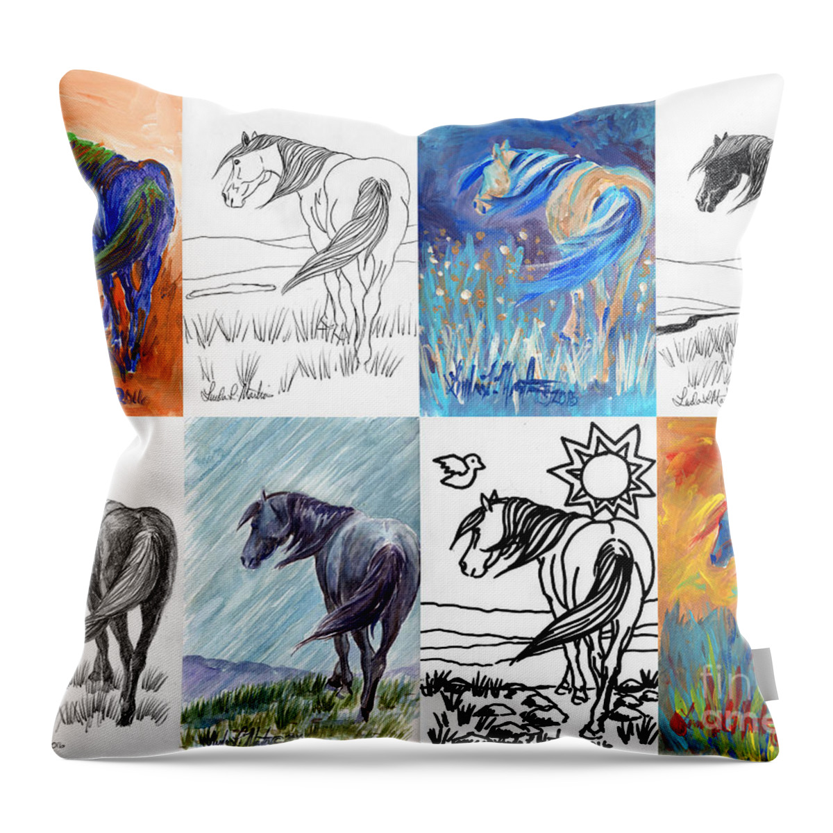 Mustang Artwork Throw Pillow featuring the painting Black Mustang Sampler by Linda L Martin