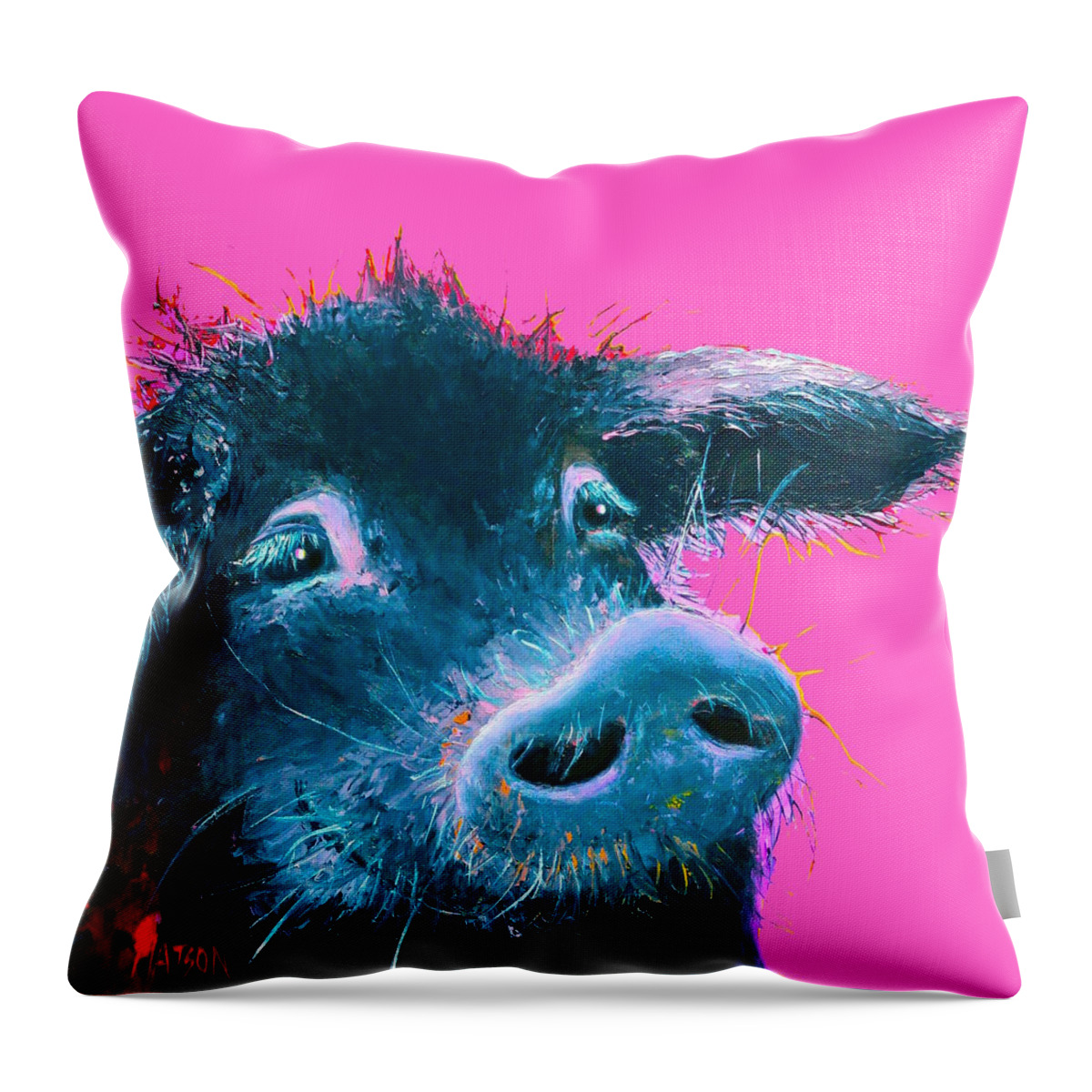 Pig Throw Pillow featuring the painting Black Pig painting on pink background by Jan Matson